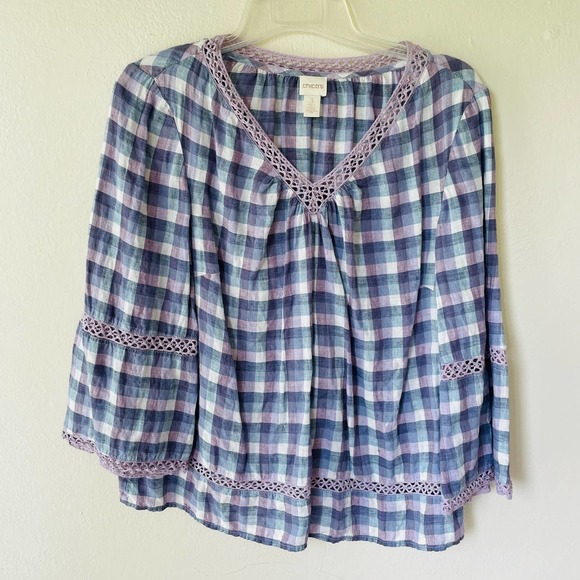 Chico's Linen Blue and Purple Checkered Blouse - Picture 2 of 11